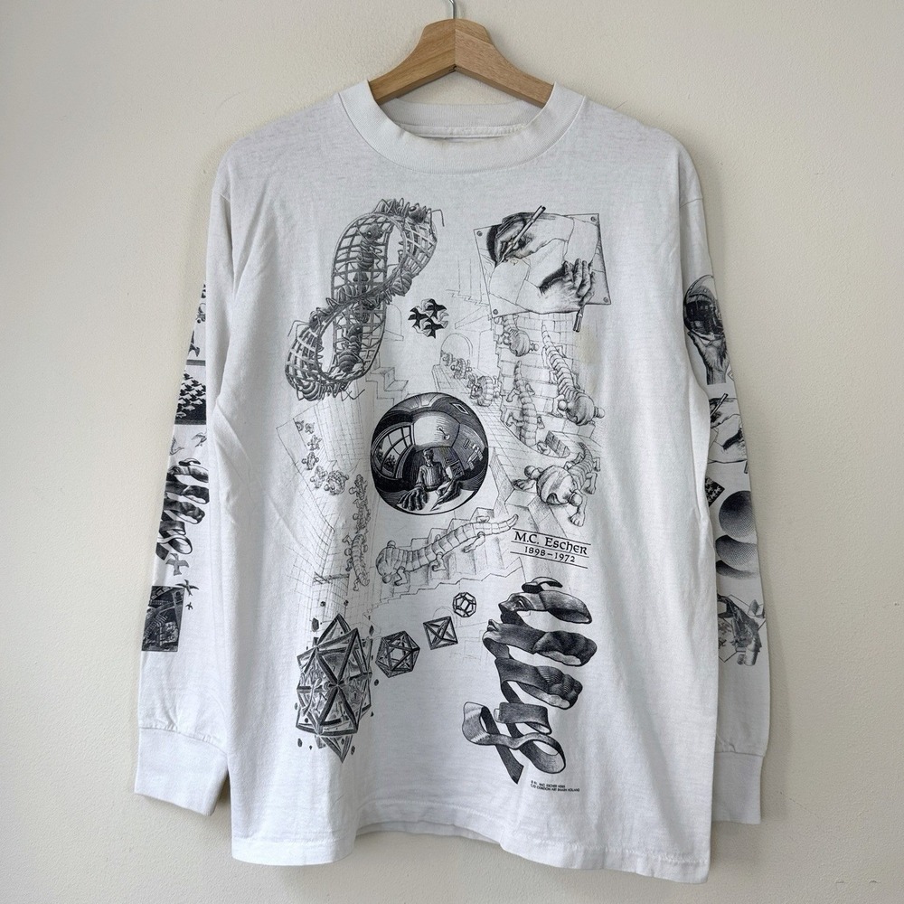 Vintage 90's MC Escher AOP Art Long Sleeve Single Stitch White Tee Shirt Medium